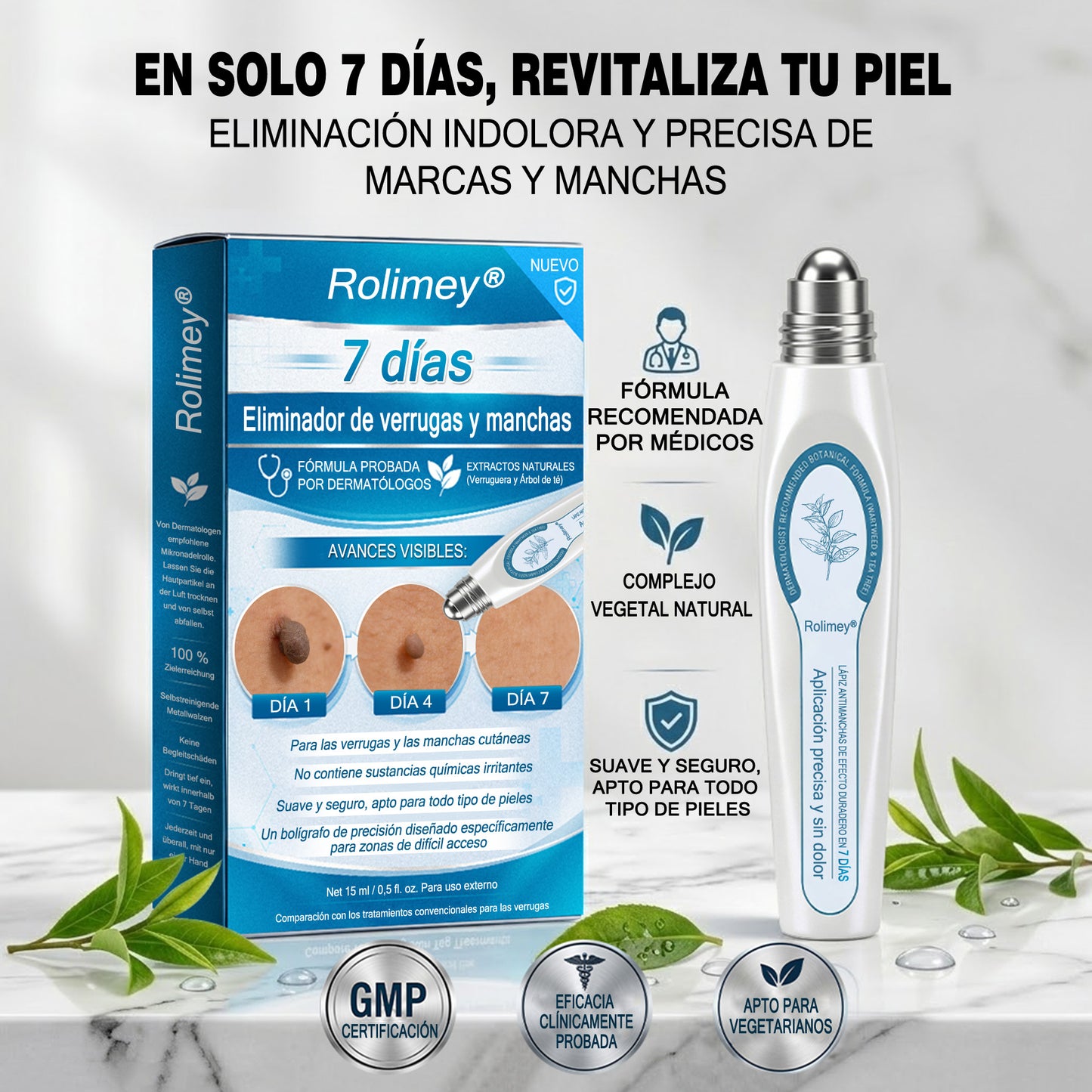 Rolimey® Borrador de marcas y manchas en 7 días (Roll-on sin dolor y sin cicatrices)✅ Apto para: acrocordones, manchas, lunares, verrugas, ampollas, eccema, caspa, queratosis, acné, crecimientos cutáneos, cicatrices, marcas de nacimiento👩‍⚕️