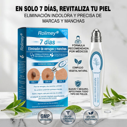 Rolimey® Borrador de marcas y manchas en 7 días (Roll-on sin dolor y sin cicatrices)✅ Apto para: acrocordones, manchas, lunares, verrugas, ampollas, eccema, caspa, queratosis, acné, crecimientos cutáneos, cicatrices, marcas de nacimiento👩‍⚕️