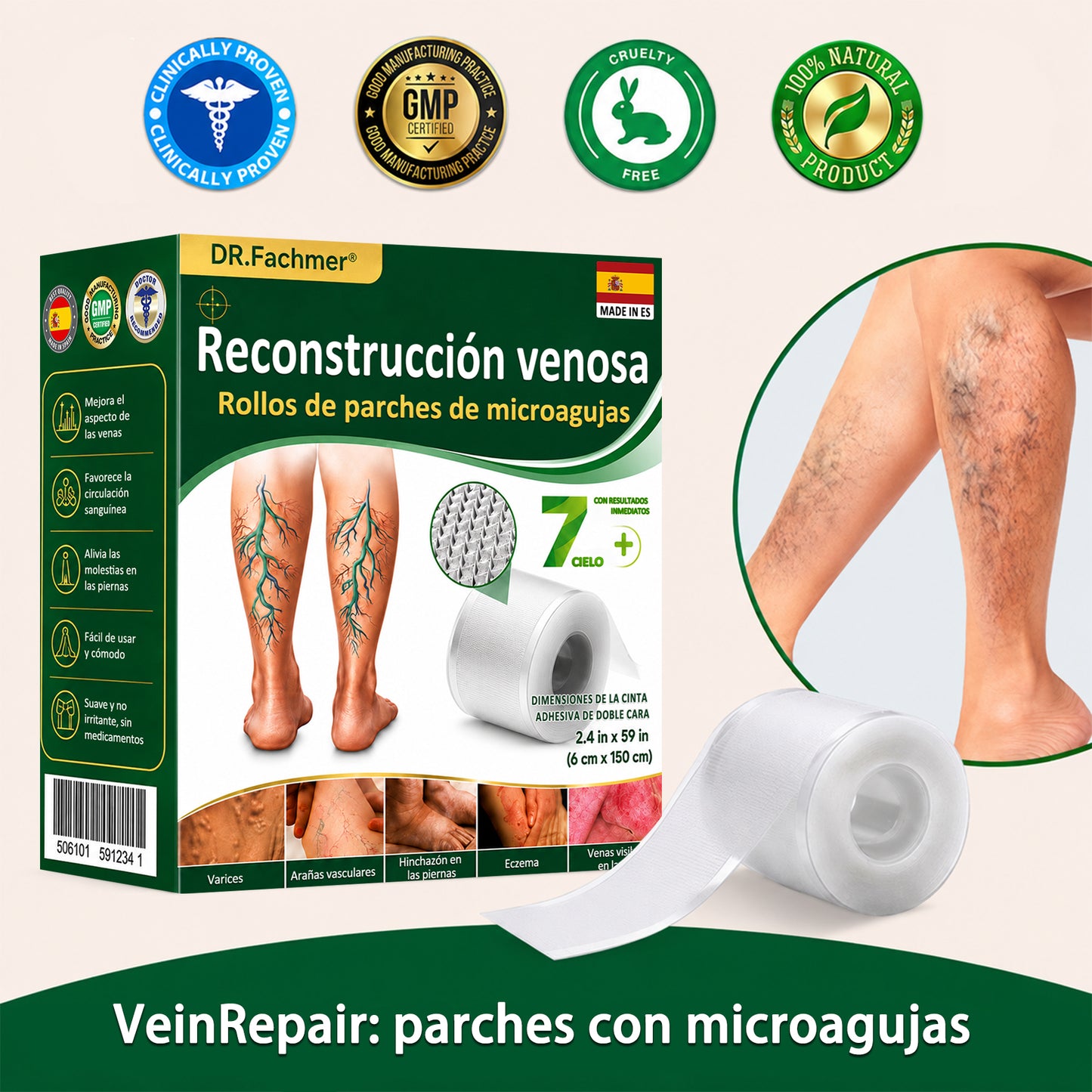 🇪🇸👨‍⚕️ DR.Fachmer® 💚 Parche de Microneedles Vein Ease (Para arañas vasculares, varices, hinchazón y piernas cansadas)