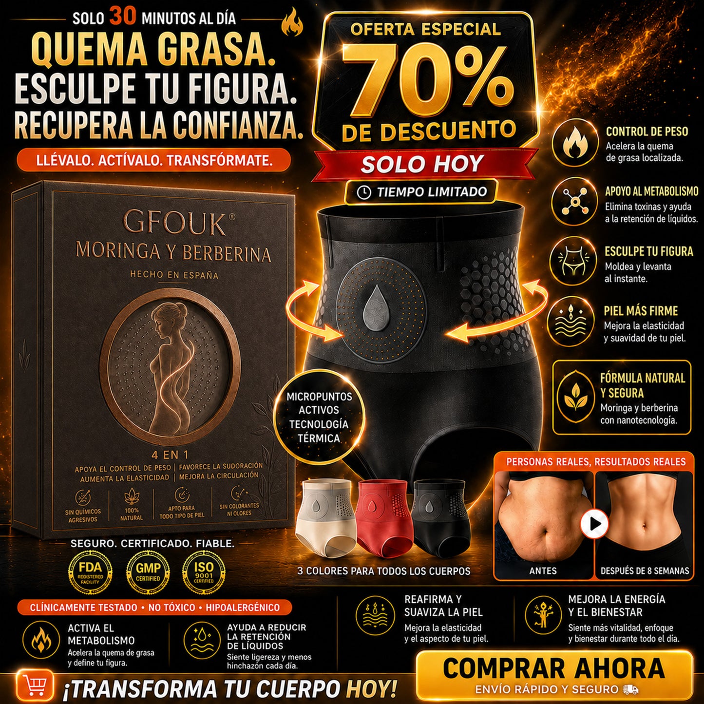 💛 GFOUK® 2026 Edición Black Gold Luxury | ⚡️ Shorts Quemagrasas 4 en 1 con Moringa, Berberina y Tecnología de Micro-Partículas Esculpidoras