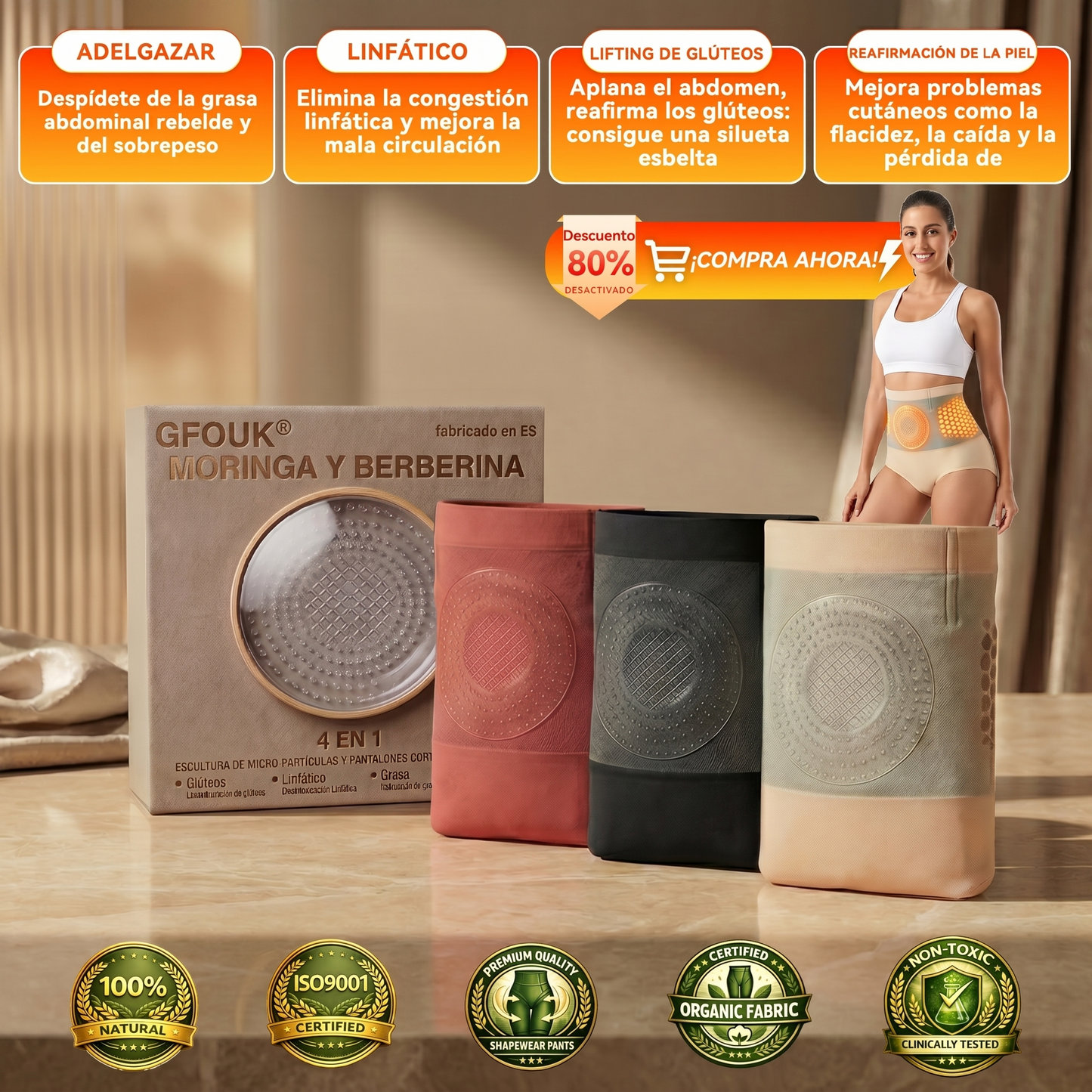 ✅✅🇪🇸Tienda oficial de la marca | 👨‍⚕️GFOUK® 2026 MORINGA Y BERBERINA 4 EN 1 ESCULTURA DE MICRO-PARTÍCULAS Y PANTALONES CORTOS QUEMAGRASAS